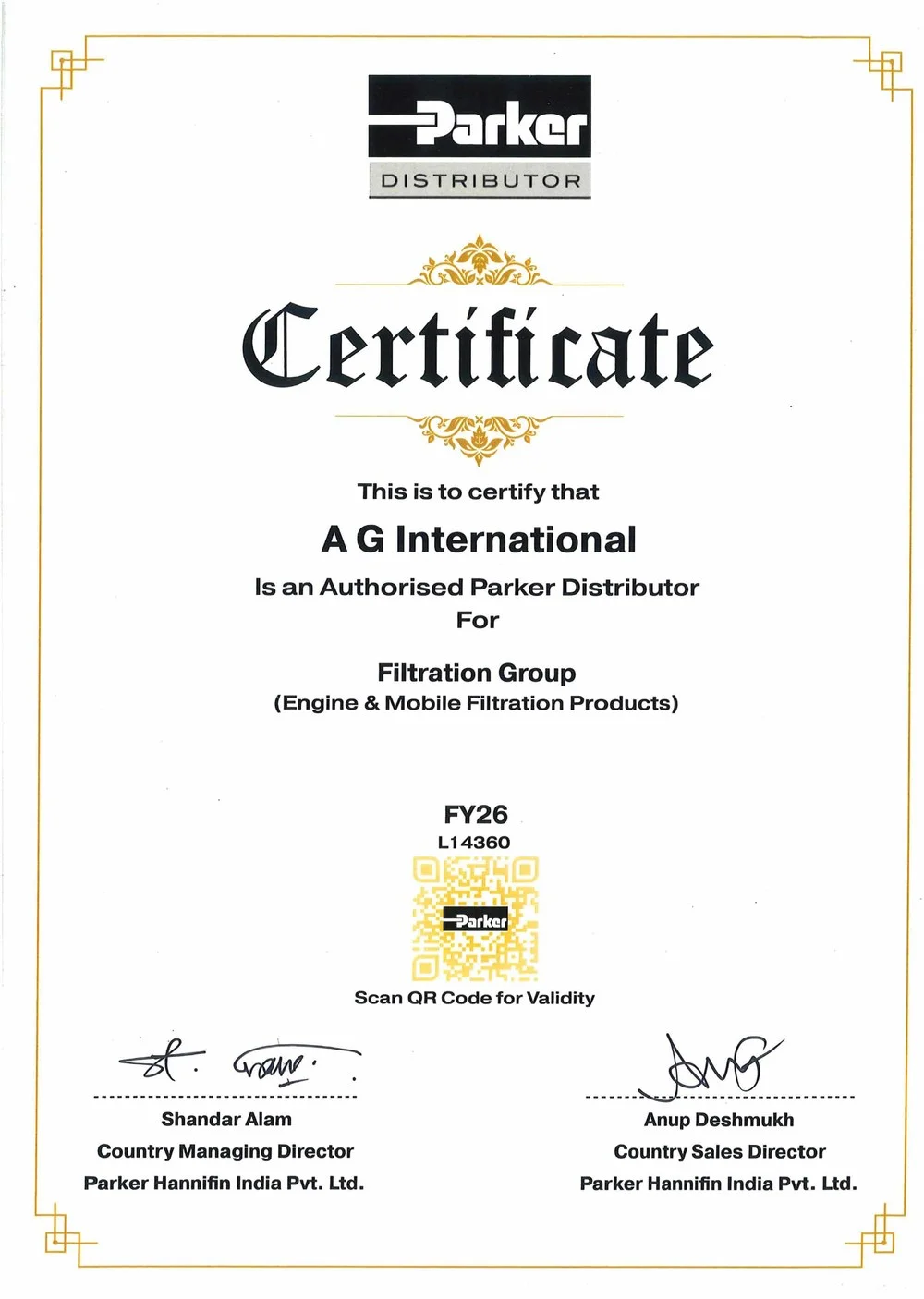 Parker Hannifin authorized distributor certificate awarded to A G International